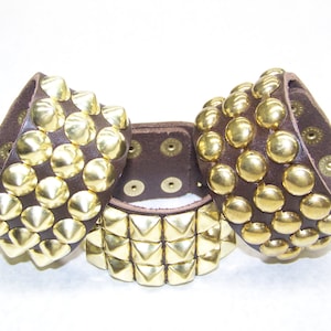 Brown 1-3/4&quot; 45mm Wide Full Grain Leather studded Wristband Bracelet Three rows gold studs Made in USA US/77 Cone Large Pyramid Round Dome