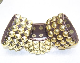 Brown 1-3/4" 45mm Wide Full Grain Leather studded Wristband Bracelet Three rows gold studs Made in USA US/77 Cone Large Pyramid Round Dome