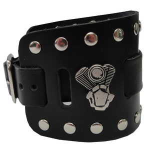 V-Twin Engine Concho Handmade Black Buckle Wide Full Grain Leather Watchband Military Biker Rocker U.S.A. NYC Cuff Wristband Bracelet