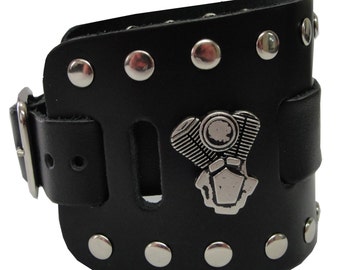 V-Twin Engine Concho Handmade Black Buckle Wide Full Grain Leather Watchband Military Biker Rocker U.S.A. NYC Cuff Wristband Bracelet