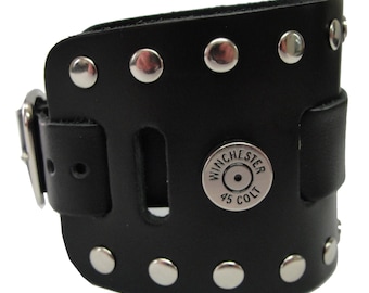 Colt 45 Caliber Concho Handmade Black Buckle Wide Full Grain Leather Watchband Military Biker Rocker U.S.A. NYC Cuff Wristband Bracelet