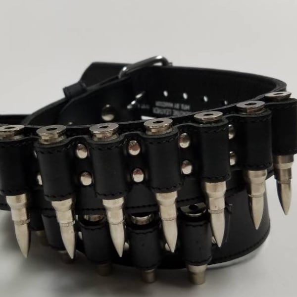 Premium Manzoor #150 Black Leather Bullet Belt 1-3/4" (45mm) Wide With Large Big Chrome/Silver Bullets Stitched Lined Punk Rock Star Fashion