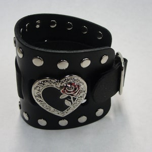 Heart in Rose Concho Handmade Black Buckle Wide Full Grain Leather Watchband Military Biker Rocker USA NYC Cuff Band Wristband Bracelet