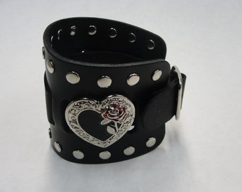 Heart in Rose Concho Handmade Black Buckle Wide Full Grain Leather Watchband Military Biker Rocker USA NYC Cuff Band Wristband Bracelet