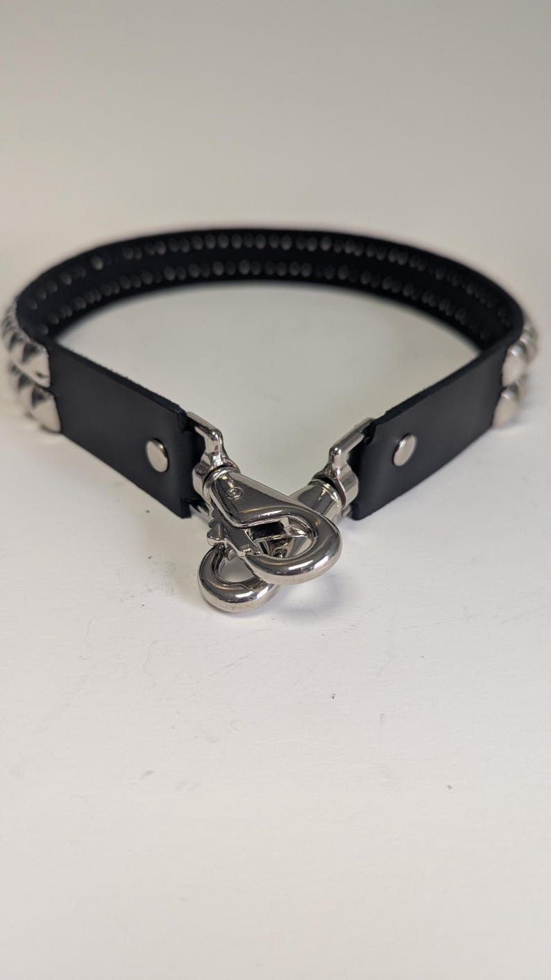 May include: Black leather collar with silver-colored pyramid studs and a metal clasp. The collar is designed with a row of studs along the top edge. The metal clasp is attached to the leather with rivets.