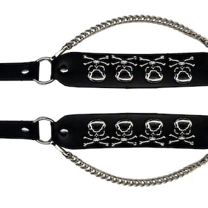Pair Black Leather Boot Straps With Chrome/Silver Skull and Bone Hanging Chain Biker Punk Hand Made U.S.A. Studs Spikes (Boots Not Included)