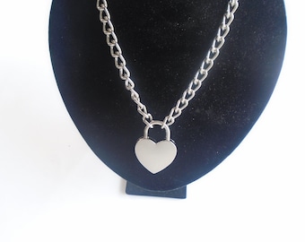 Day Collar Choker silver/chrome Heart shaped lock necklace  Chain Locking welded curb chain Jewelry with Key Keychain sizes 16 18 20 22 24