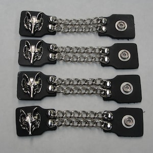 Wolf Head set of 4 handmade two row chain black leather vest extenders 4&quot; and 6&quot; length made in the USA Biker Motorcycle HD