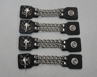 Wolf Head set of 4 handmade two row chain black leather vest extenders 4" and 6" length made in the USA Biker Motorcycle HD
