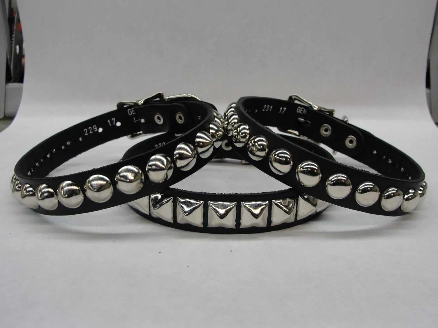 Studded Spiked Leather Necklace Collar with Buckle Silver Chrome Hardware Handmade in U.S.A. Cone Pyramid Round Dome Conical Square Choker