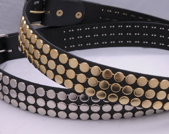 Vegan Friendly Material 1-3/4" (45mm) wide Belt W/ 3 row 1/2" (13mm) NY77 Flat head stud Silver/Chrome Gold/Golden Stud Spiked Made in USA