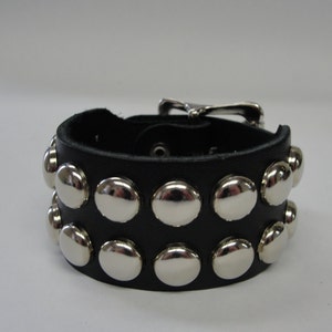 Handmade 1-1/2&quot; - 38 mm Wide Black Leather studded Wristband with Silver/Chrome Buckle & Round Dome Studs bracelet Rock Made in USA