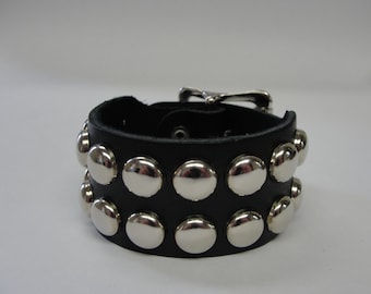 Handmade 1-1/2" - 38 mm Wide Black Leather studded Wristband with Silver/Chrome Buckle & Round Dome Studs bracelet Rock Made in USA