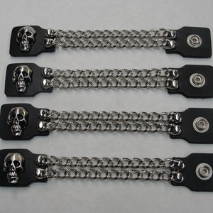 Skull set of 4 handmade two row chain black leather vest extenders 4&quot; and 6&quot; length made in the USA Biker Motorcycle HD