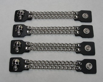 Skull set of 4 handmade two row chain black leather vest extenders 4" and 6" length made in the USA Biker Motorcycle HD