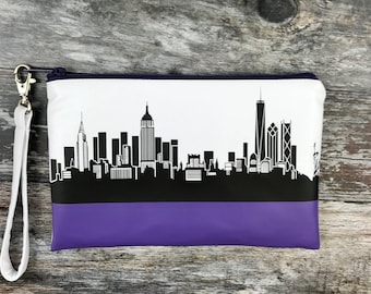 New York  Skyline Faux Leather Zipper Pouch with Detachable Wrist Strap