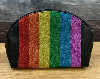 Rainbow Glitter Faux Leather Zipper Pouch. Make up bag