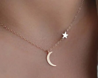 Moon Star Necklace in Gold or Silver Plate, Moon Star Pendant, Valentine Gift, Gift for Her