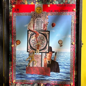 Könnte beinhalten: Ein Schattenkasten mit einer surrealen Collage aus blauem Ozean, einem Mann im Anzug, Heißluftballons, Zirkusartisten und einer Sonne. Der Text lautet August 20, 2026 und THE RED TOWER. Kleine bunte Steine liegen am unteren Rand des Rahmens.
