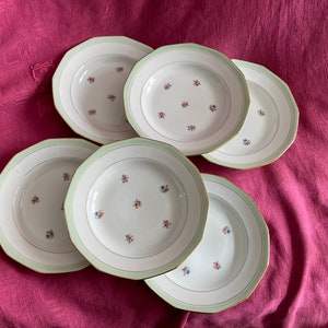 6 Assiettes creuses octogonales en porcelaine fleuries / Années 1960
