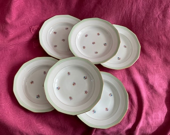 6 Assiettes creuses octogonales en porcelaine fleuries / Années 1960