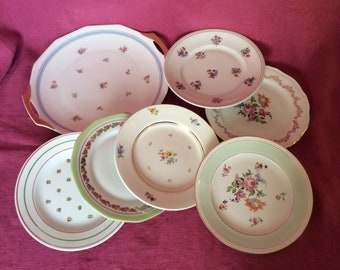 Plat et petites Assiettes à dessert dépareillées, vintage Français / décor fleurs