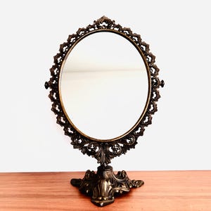 Specchio da toeletta in ottone francese antico, specchio girevole da toeletta, specchio da appoggio ornato, stile barocco rococò, specchio da trucco vintage