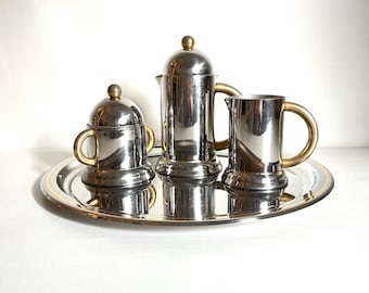 Vintage Italian Stainless Steel Coffee Set, Brass Accents, 1980s Modernist Design