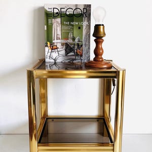 Vintage Brass & Smoked Glass Side Table – 1970s Hollywood Regency Accent Table