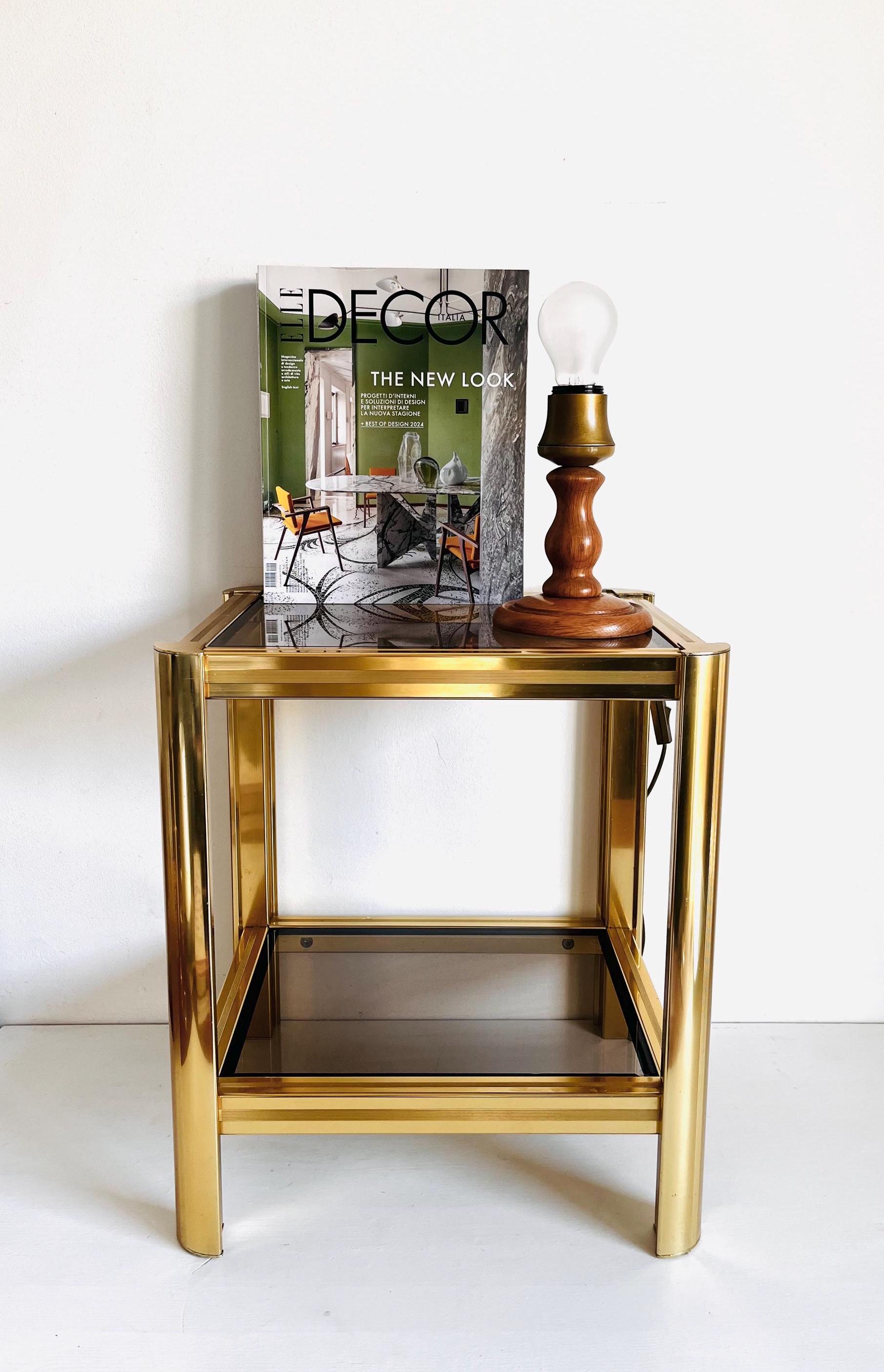 Vintage Brass & Smoked Glass Side Table – 1970s Hollywood Regency Accent Table