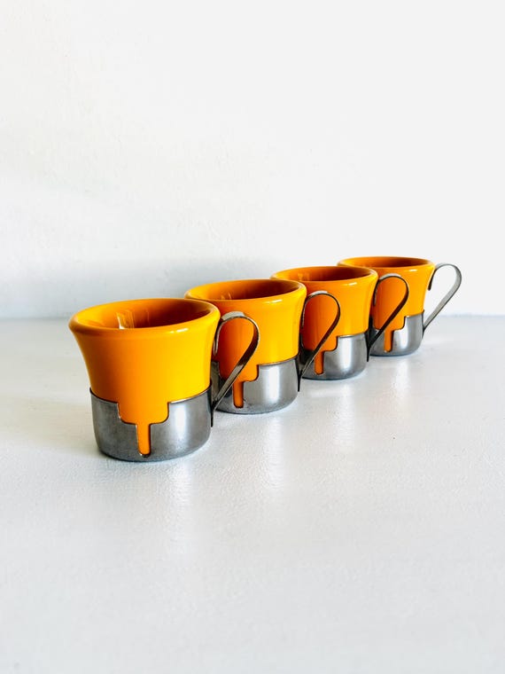 Retro Italian cups, vintage Italian ceramic espresso cups, metal handle coffee cups