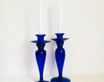 Vintage Cobalt Blue Glass Candlestick Holders: 1930s Art Deco Pair, Hand blown