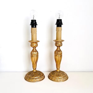 Pair of Vintage Gilded Bedside Table Lamps – 1970s/1980s Ornate Hollywood Regency Style – Unique Gold Accent Lamps