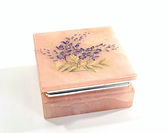 Vintage Pink Alabaster Face Cream Container Hinged Pink Powder Box Marble Vanity Box Floral Ring Box