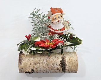 Vintage Yule Log And Santa Flocked Santa on Log Christmas Fireplace Decor Kitschy Christmas Centerpiece