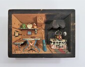 Vintage Hand Carved Wood Diorama, Wood Folk Art, Cabin Kitchen, Cabin Decor, 3D Wall Hanging