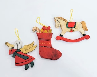 Vintage Wooden Christmas Tree Ornament Set, Angel Ornament, Wood Rocking Horse, Stocking, Farmhouse Christmas