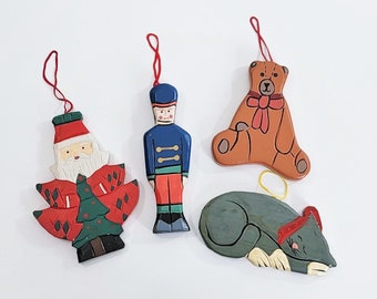 Vintage Wooden Christmas Tree Ornament Set, Wood Santa, Soldier, Bear, Wood Cat Ornament, Farmhouse Christmas