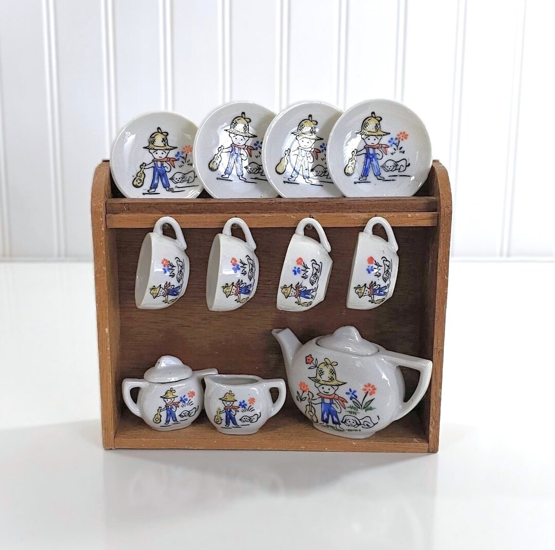 Vintage Children's China Tea Set With Hutch, Toy Tea Set, Made in Japan