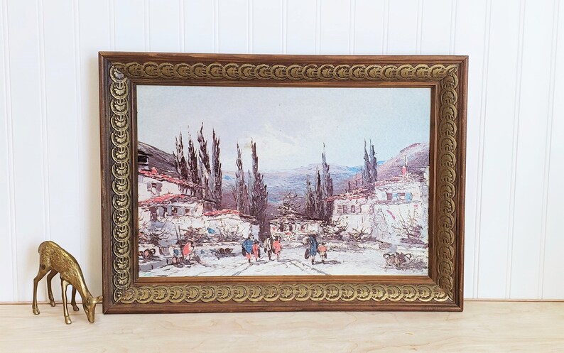 Vintage Framed Tuscan Art Tuscany Street Scene Wall Decor Mediterranean Terracotta Tile Roofs Cardboard Print