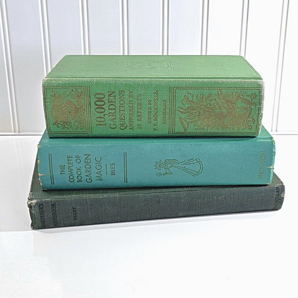 Vintage Gardening Book Set, 10,000 Garden Questions, Garden Magic, Gardener's Handbook, Green Book Decor, Garden Books, Mid Century