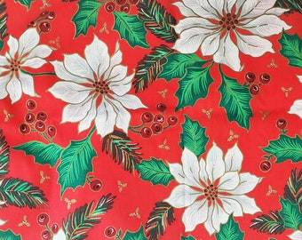 Vintage Cotton Christmas Fabric, White Poinsettia Fabric, Sewing Quilting Fabric, Christmas Crafting, Christmas Material