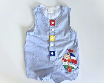 Vintage Boys Summer Romper, Sailor Bear Applique, Baby Play Clothes, Primary Colors