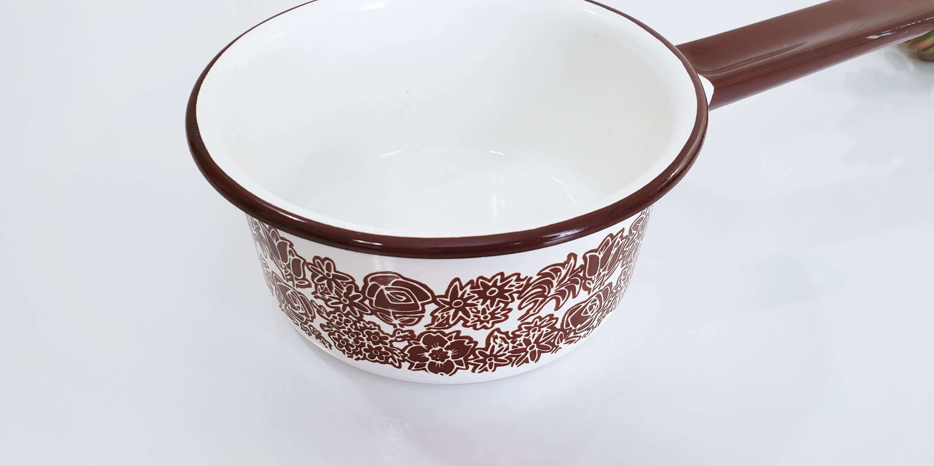 Vintage Brown Floral and White Enamel Pan Enamel Cookware Etsy