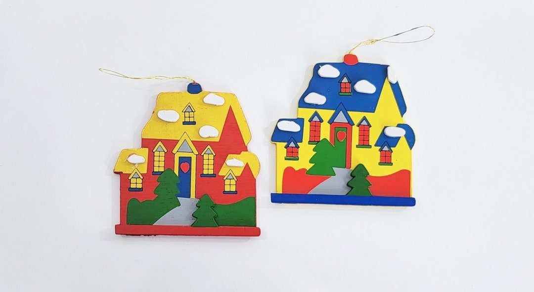 Vintage Christmas House Ornament, Wood House, Colorful Tree Ornament, Wooden House Etsy