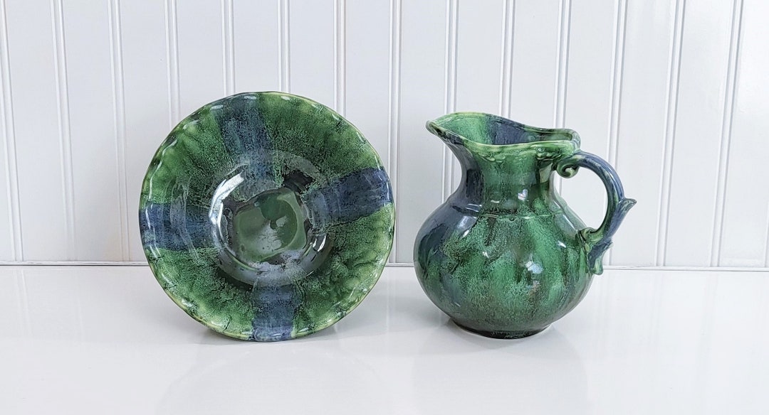 Vintage Blue and Green Drip Glaze Pottery Bowl and Pitcher Etsy