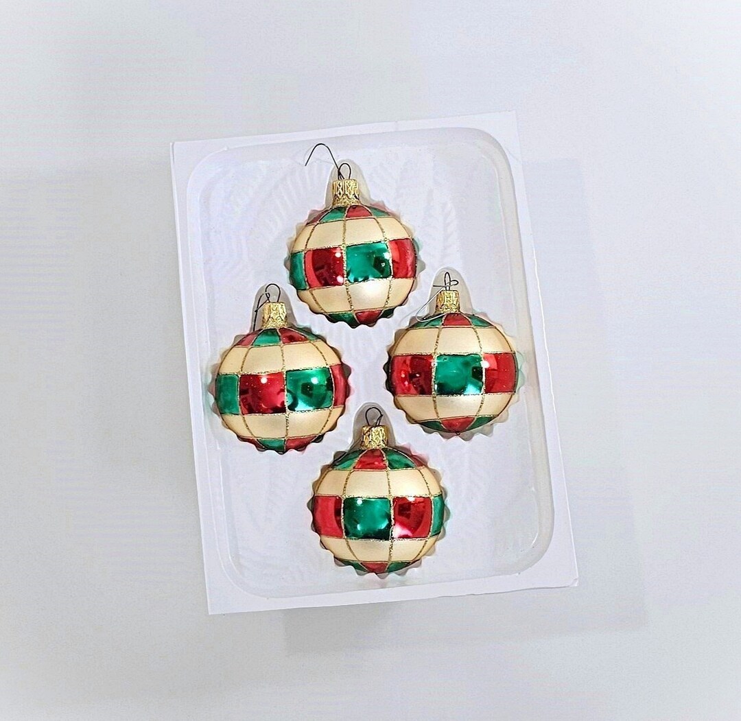 Vintage Glitter Glass Ornaments in Box Ivory Green and Red Etsy