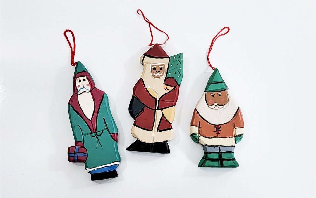 Vintage Large Wooden Tree Ornament Set Wood Santa Ornaments Etsy