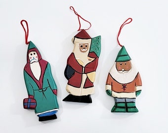 Vintage Wood Santa Ornament Set, Farmhouse Christmas, Wooden Tree Ornaments