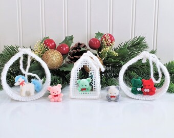 Vintage Plastic Canvas Christmas Ornaments, Flocked Tree Ornaments